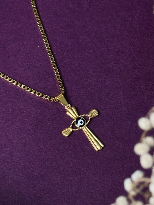 Cross evil eye 18k gold plated stainless steel necklace