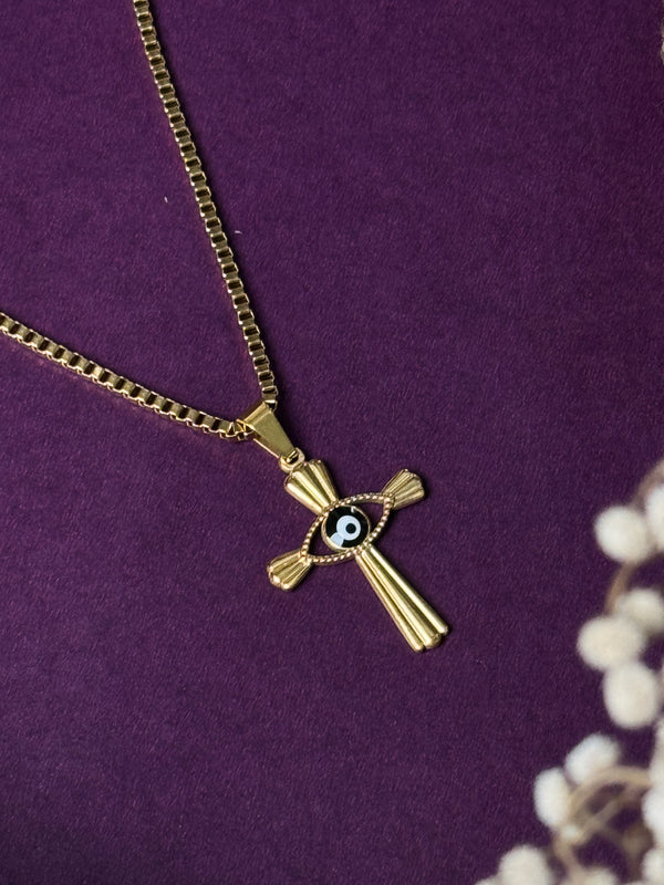Cross evil eye 18k gold plated stainless steel necklace