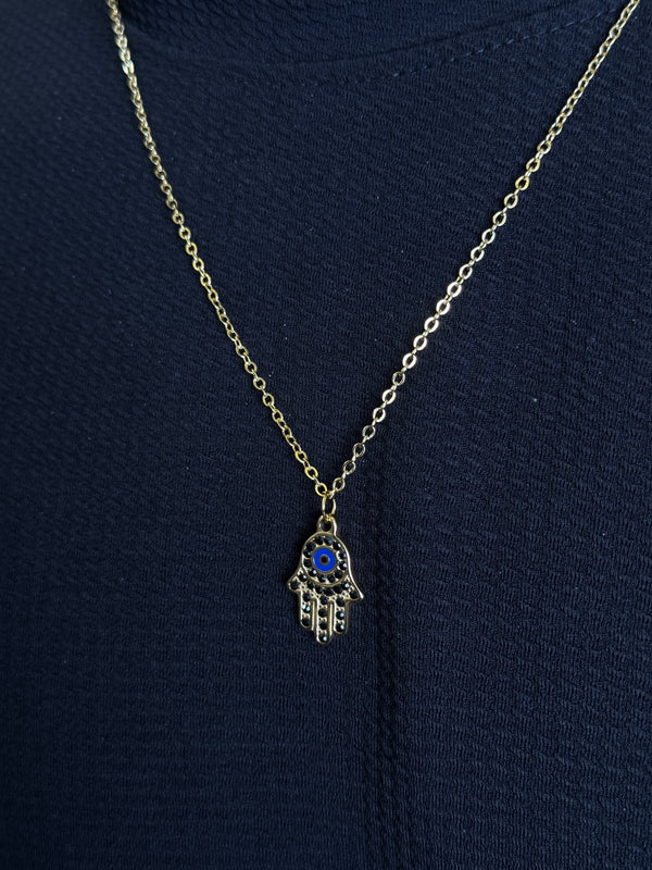 Hamsa hand 18k gold plated black stone embedded stainless steel necklace