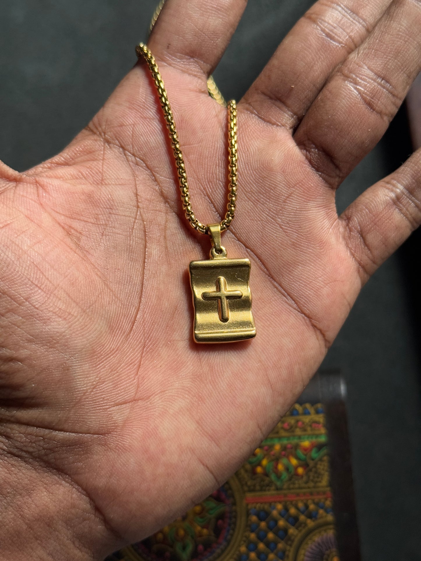 Square double  sided cross Stainless steel golden necklace (18k gold-plated )