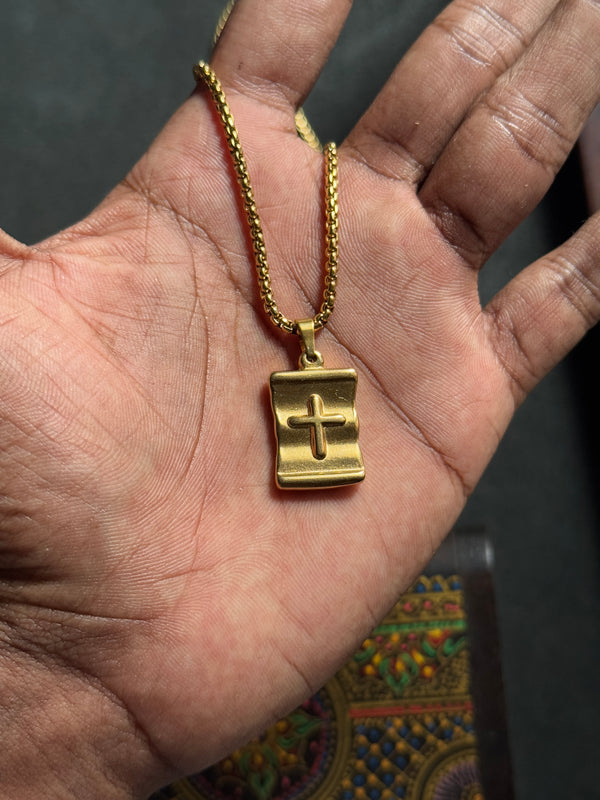 Square double  sided cross Stainless steel golden necklace (18k gold-plated )