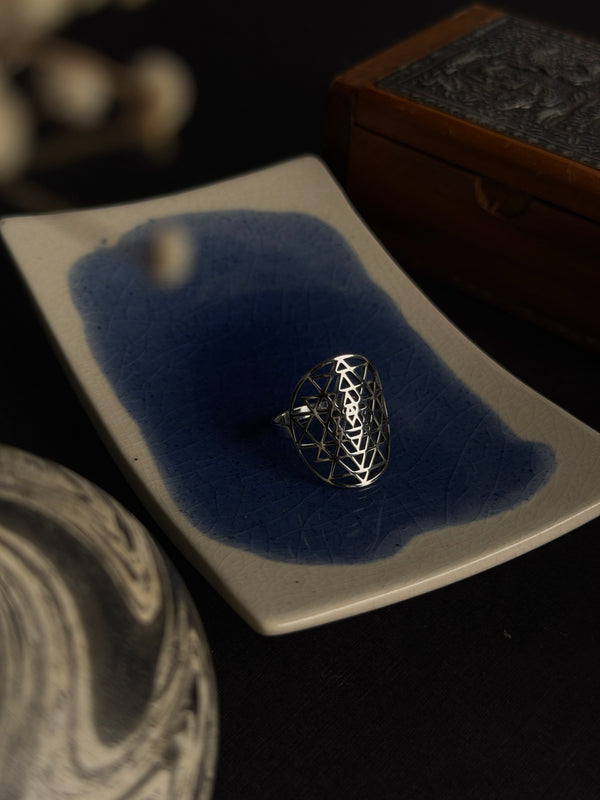 Sri yantra adjustable stainless steel silver ring