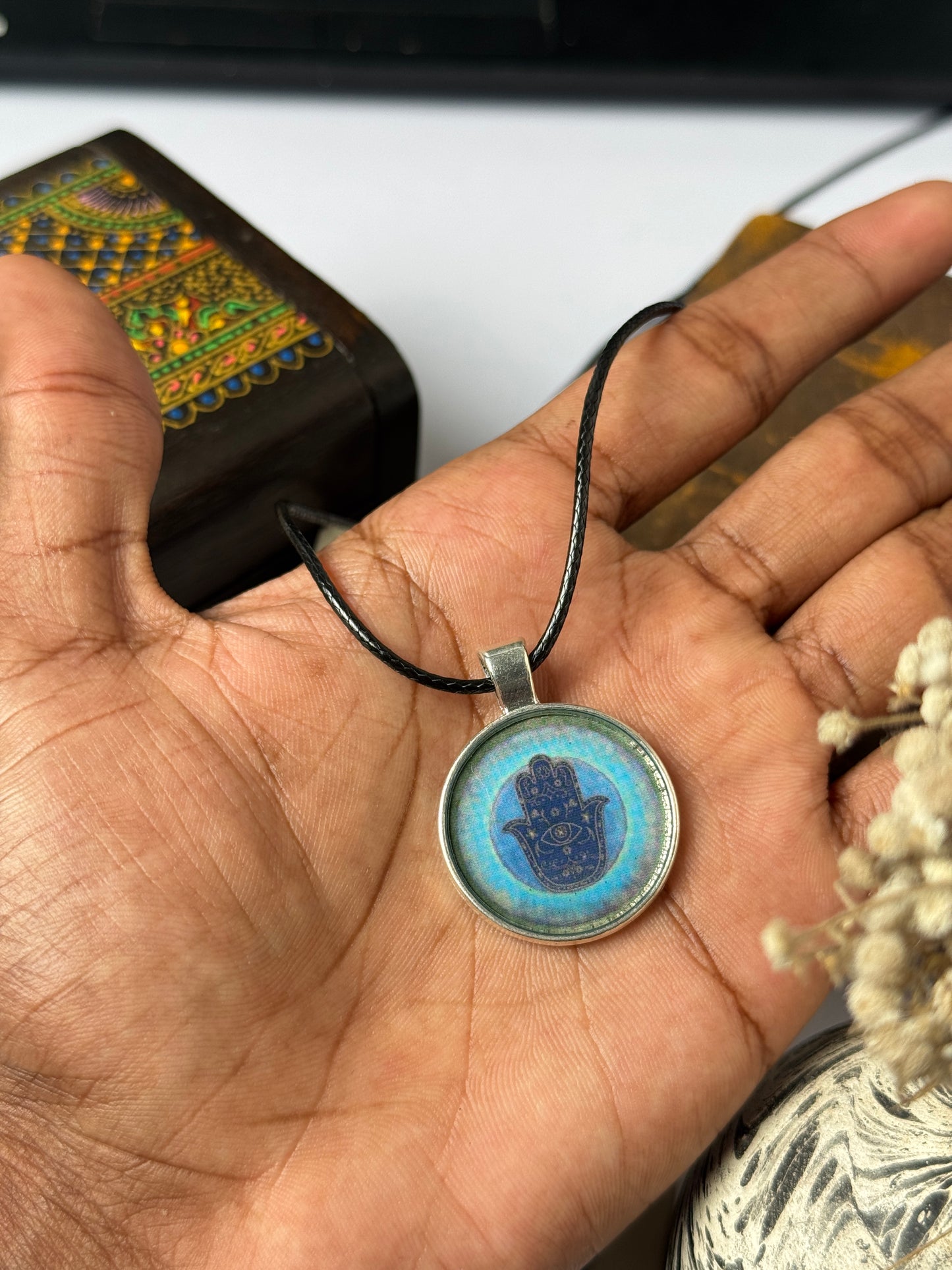 Hamsa hand purple resin necklace