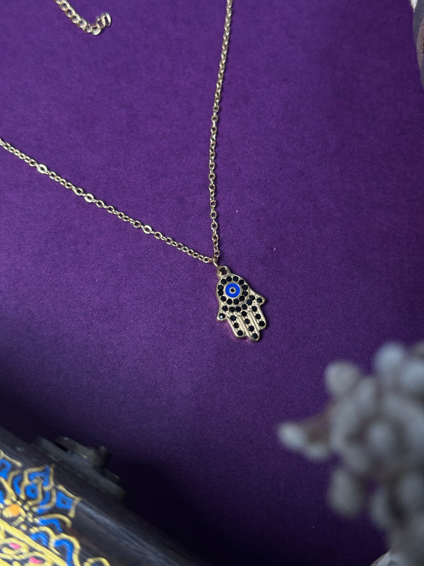 Hamsa hand 18k gold plated black stone embedded stainless steel necklace