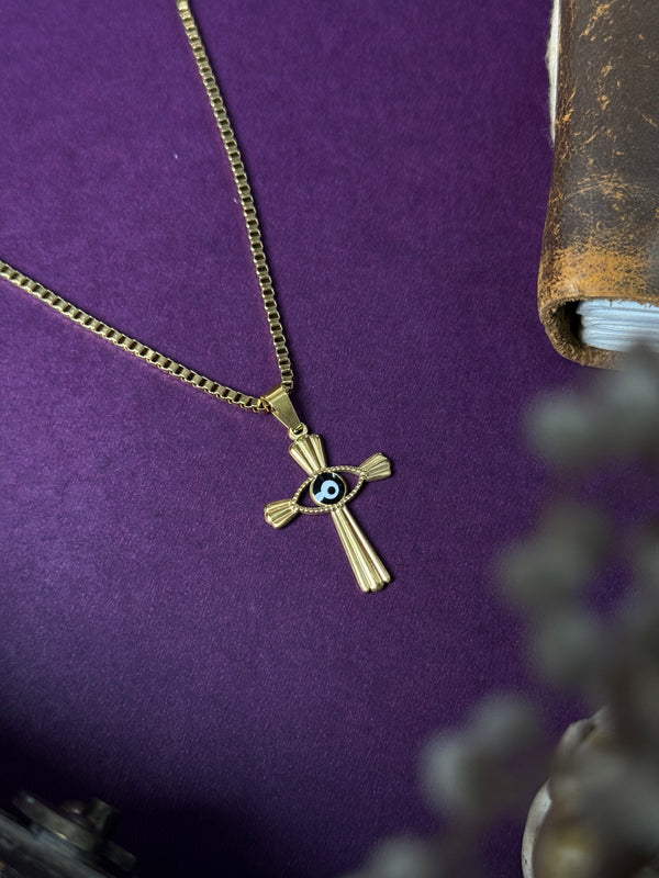 Cross evil eye 18k gold plated stainless steel necklace