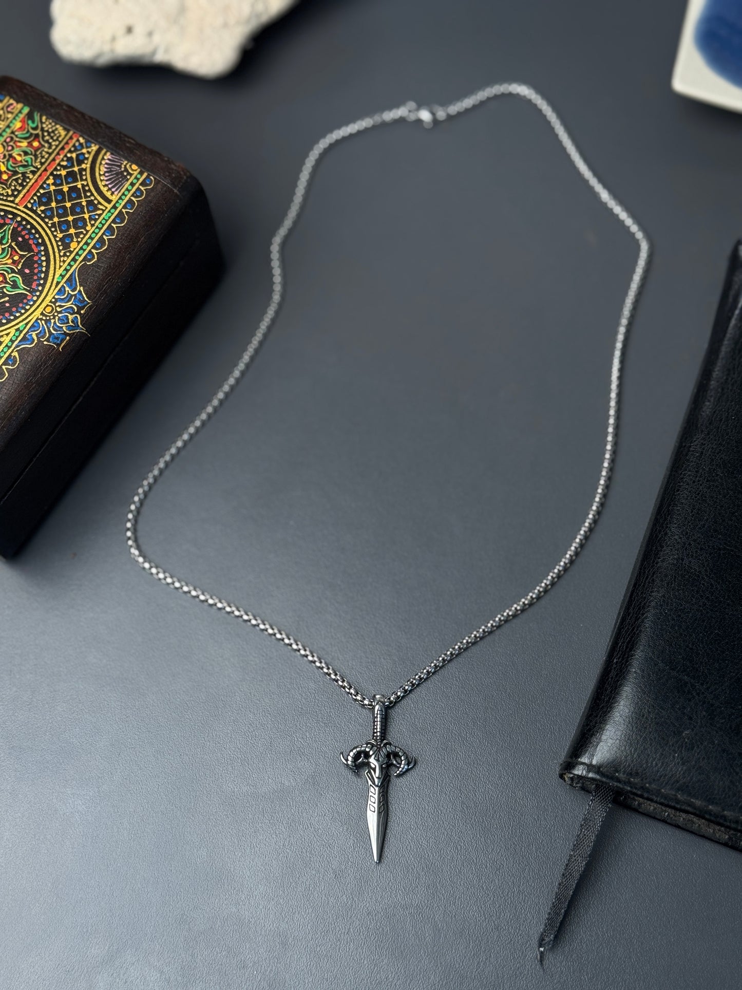 Ram skull dagger silver - stainless steel necklace