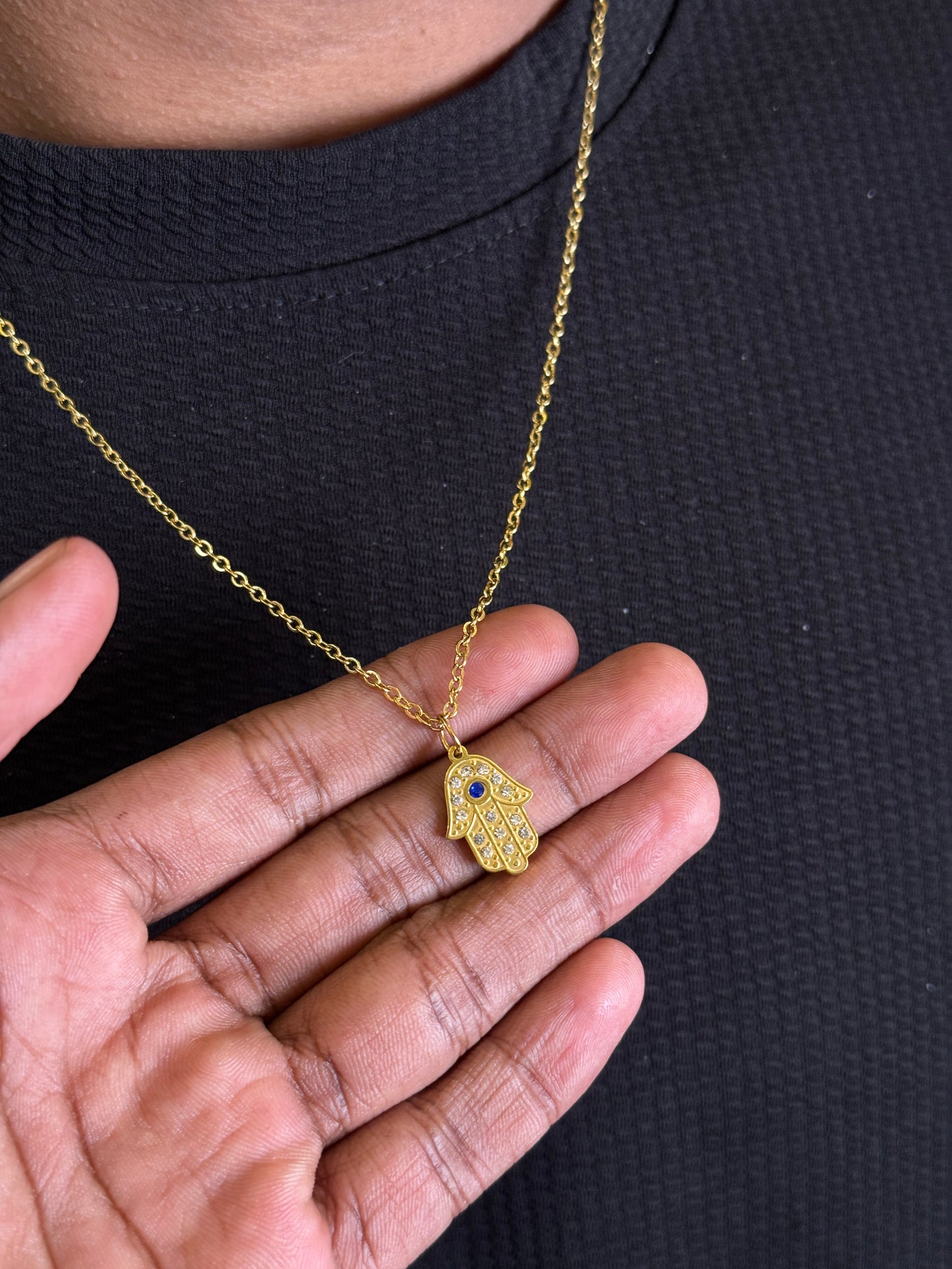 Hamsa hand 18k gold plated stainless steel necklace with white stone embedded