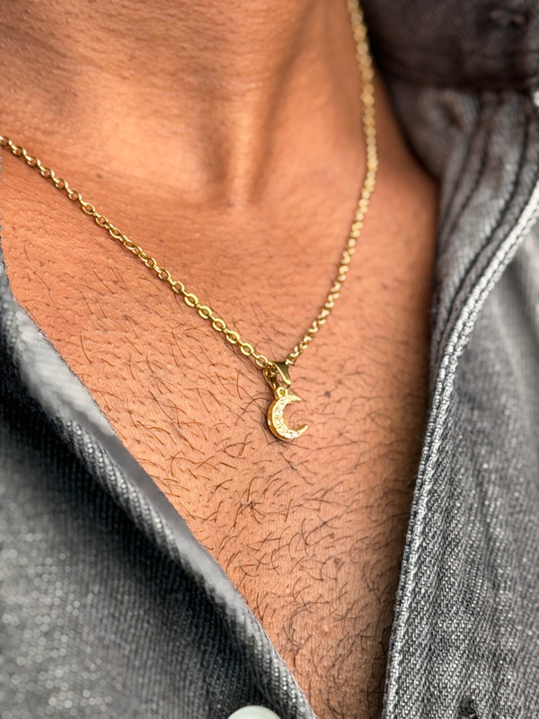 Tiny moon  18 k gold plated white stone - necklace