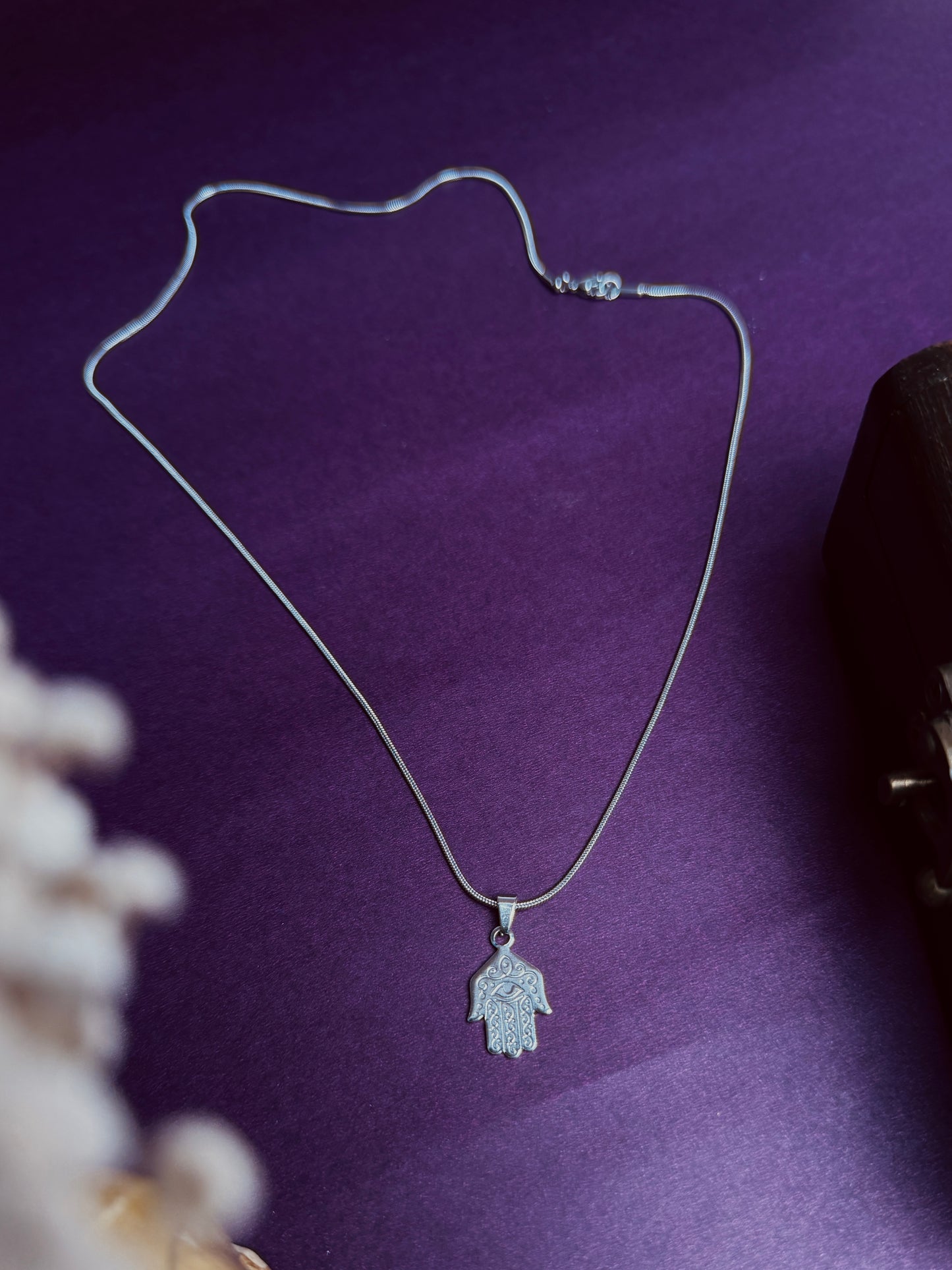Hamsa hand  small silver stainless steel silver necklace in 55 cm chain