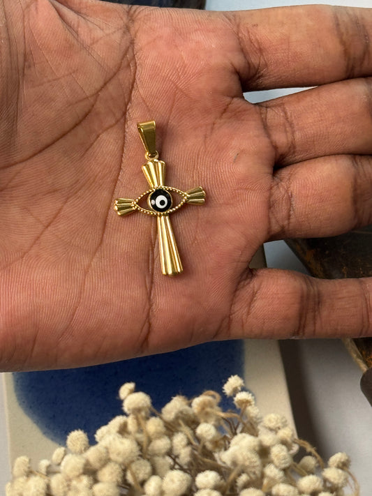 cross evil eye 18k gold plated stainless steel pendant with hook
