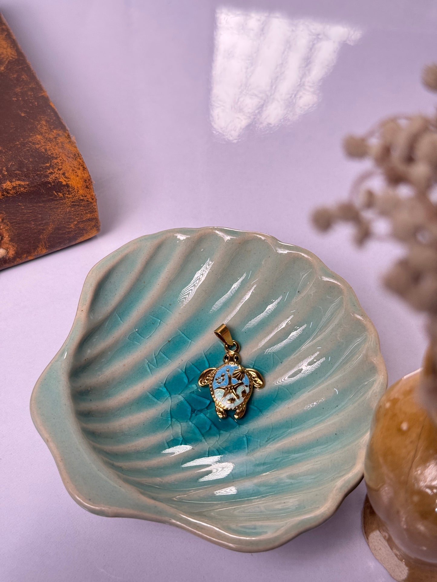 Turtle in ocean theme stainless steel golden pendant with hook (18k gold-plated )