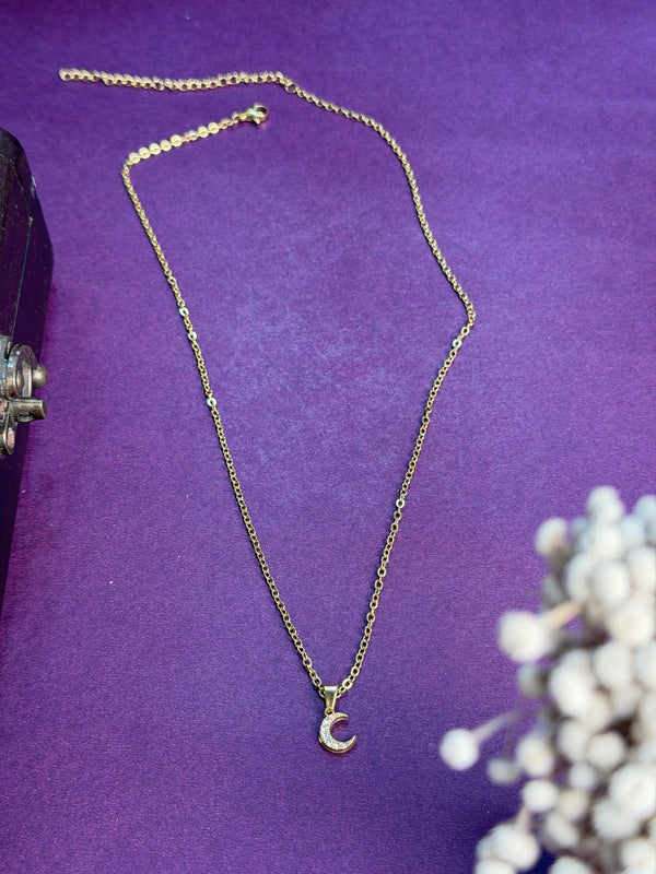 Tiny moon  18 k gold plated white stone - necklace