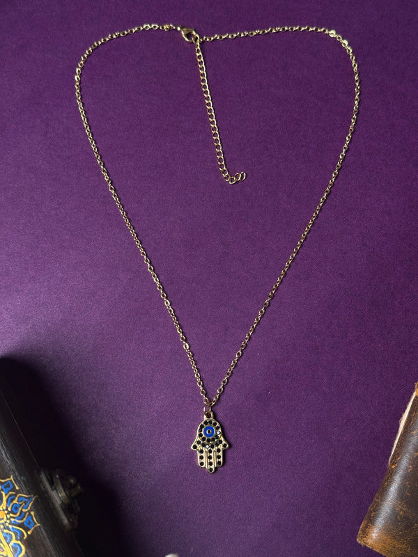 Hamsa hand 18k gold plated black stone embedded stainless steel necklace