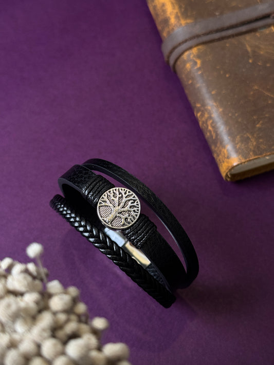 Tree of life 3 layer leather plus stainless steel bracelet