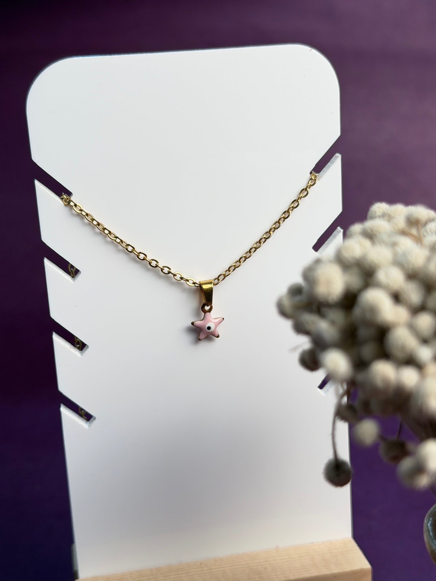 Tiny star evil eye pink necklace