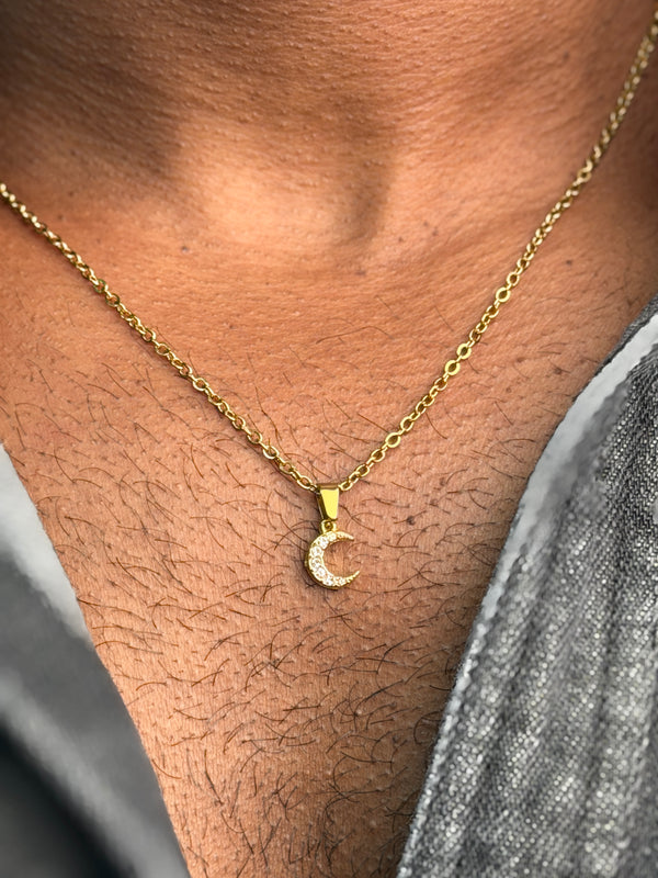 Tiny moon  18 k gold plated white stone - necklace
