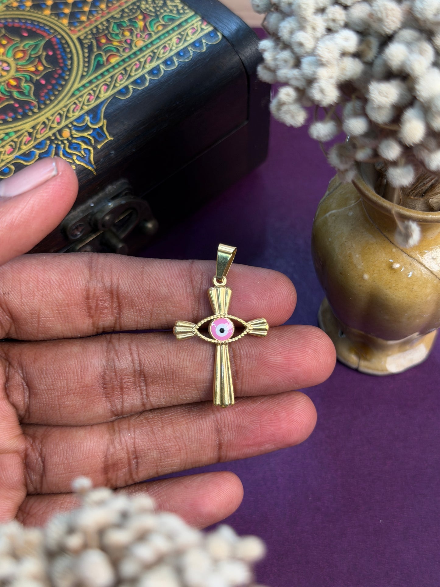 cross evil eye 18k gold plated stainless steel pink pendant with hook