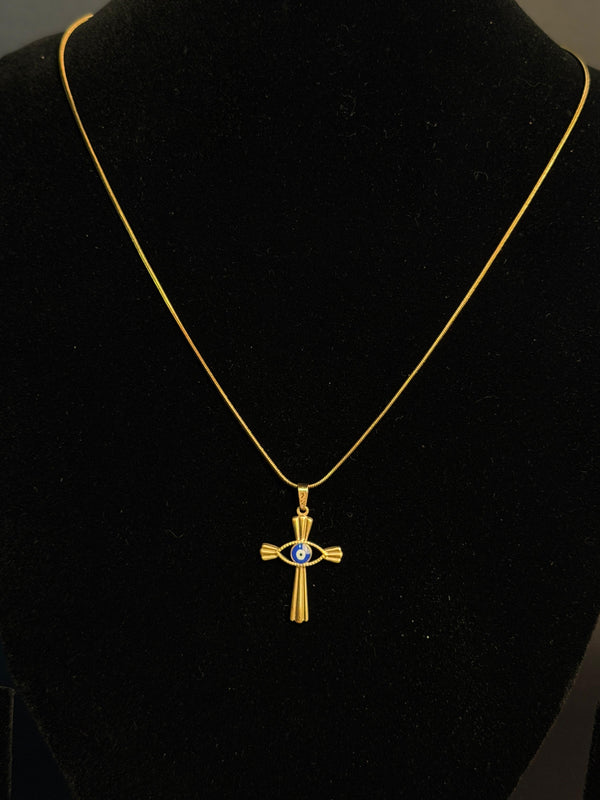 Cross Evil eye - Blue round stainless steel 18k gold plated chain