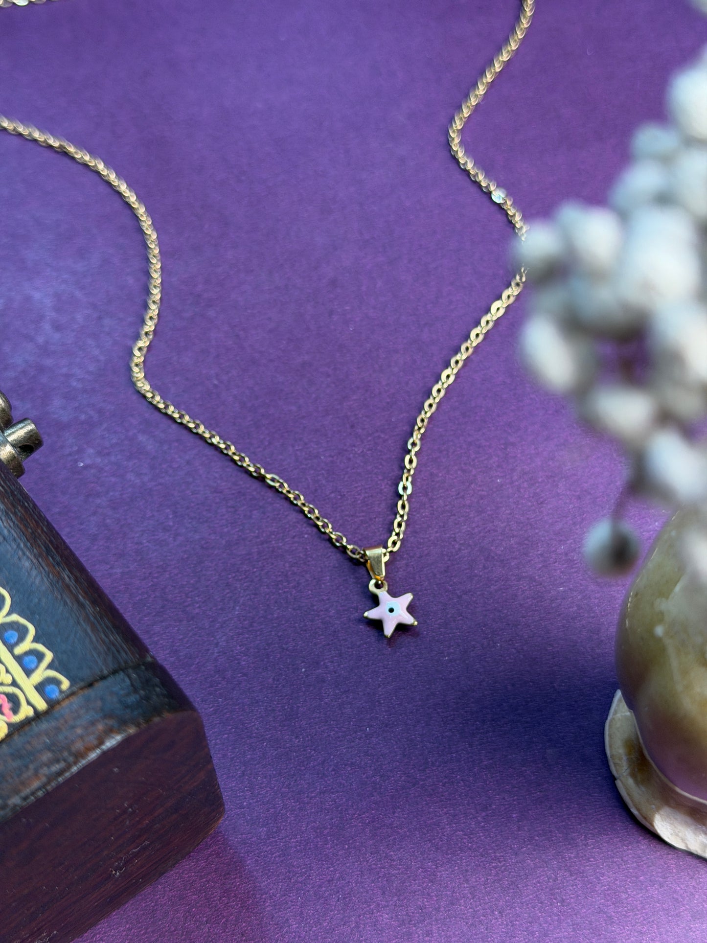 Tiny star evil eye pink necklace
