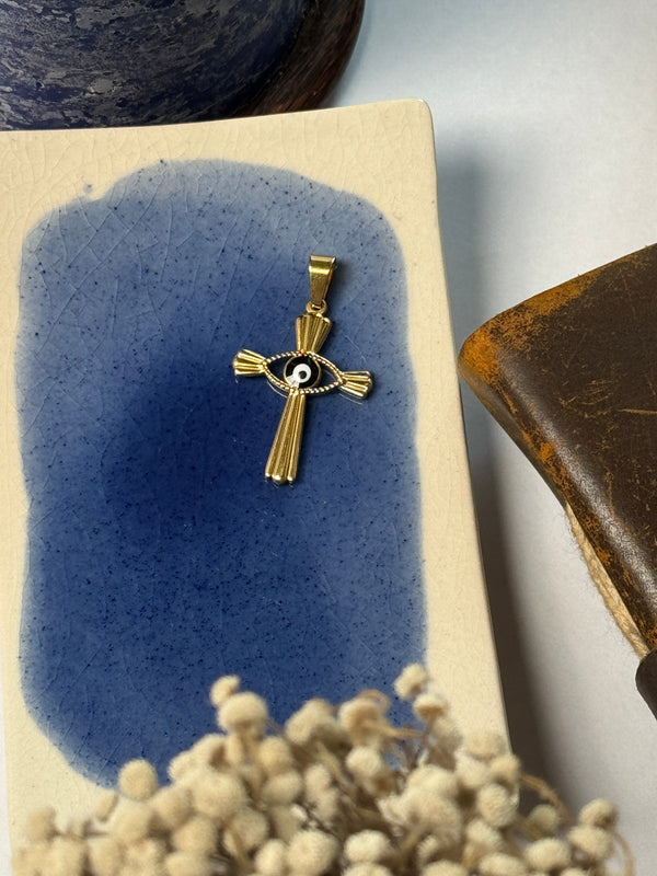 cross evil eye 18k gold plated stainless steel pendant with hook