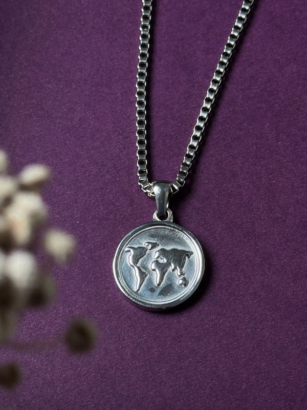 World map stainless steel silver necklace