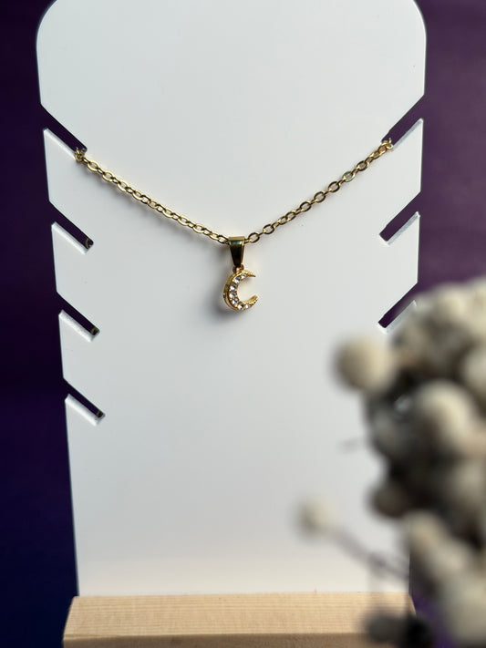 Tiny moon  18 k gold plated white stone - necklace