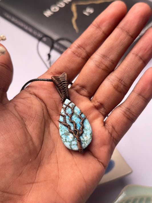 Turquoise oval shape tree of life copper wire wrapped necklace