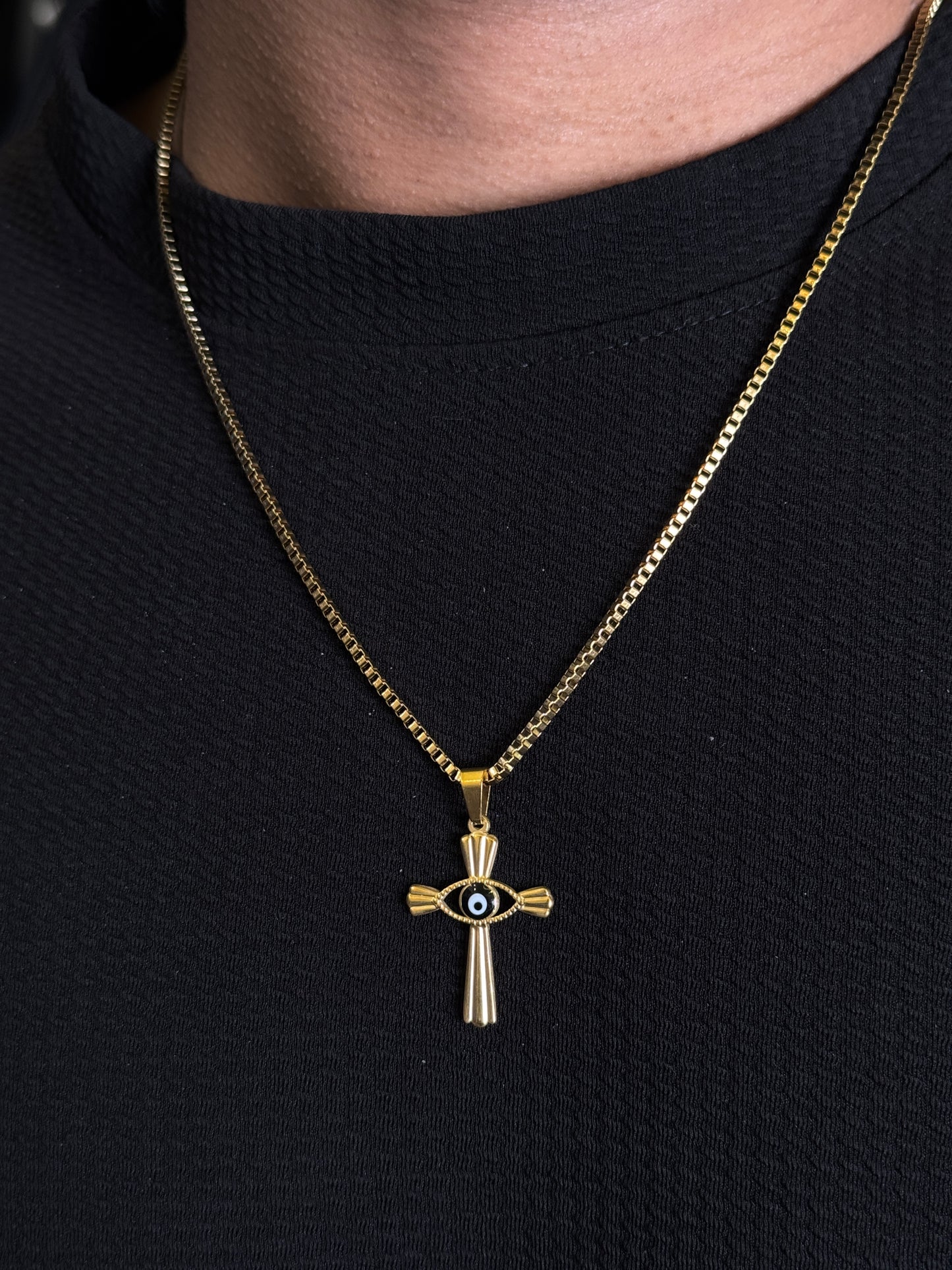 Cross evil eye 18k gold plated stainless steel necklace