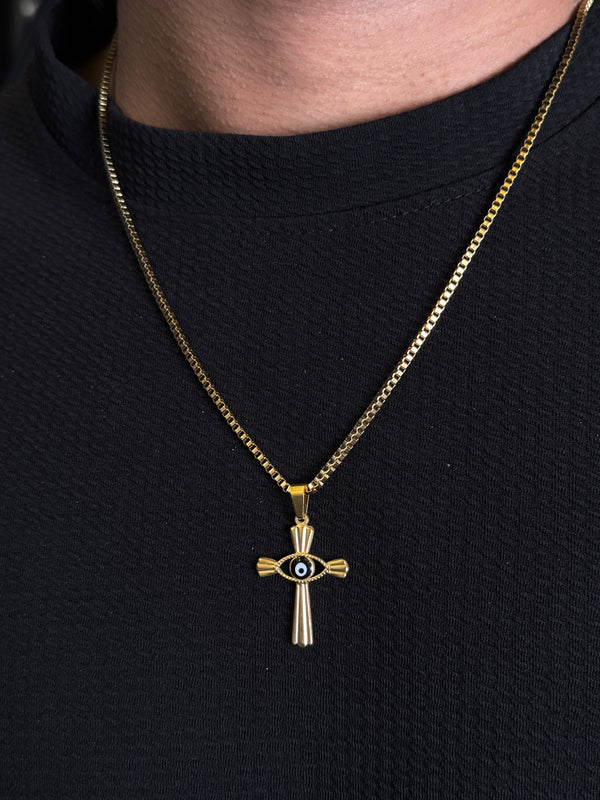 Cross evil eye 18k gold plated stainless steel necklace