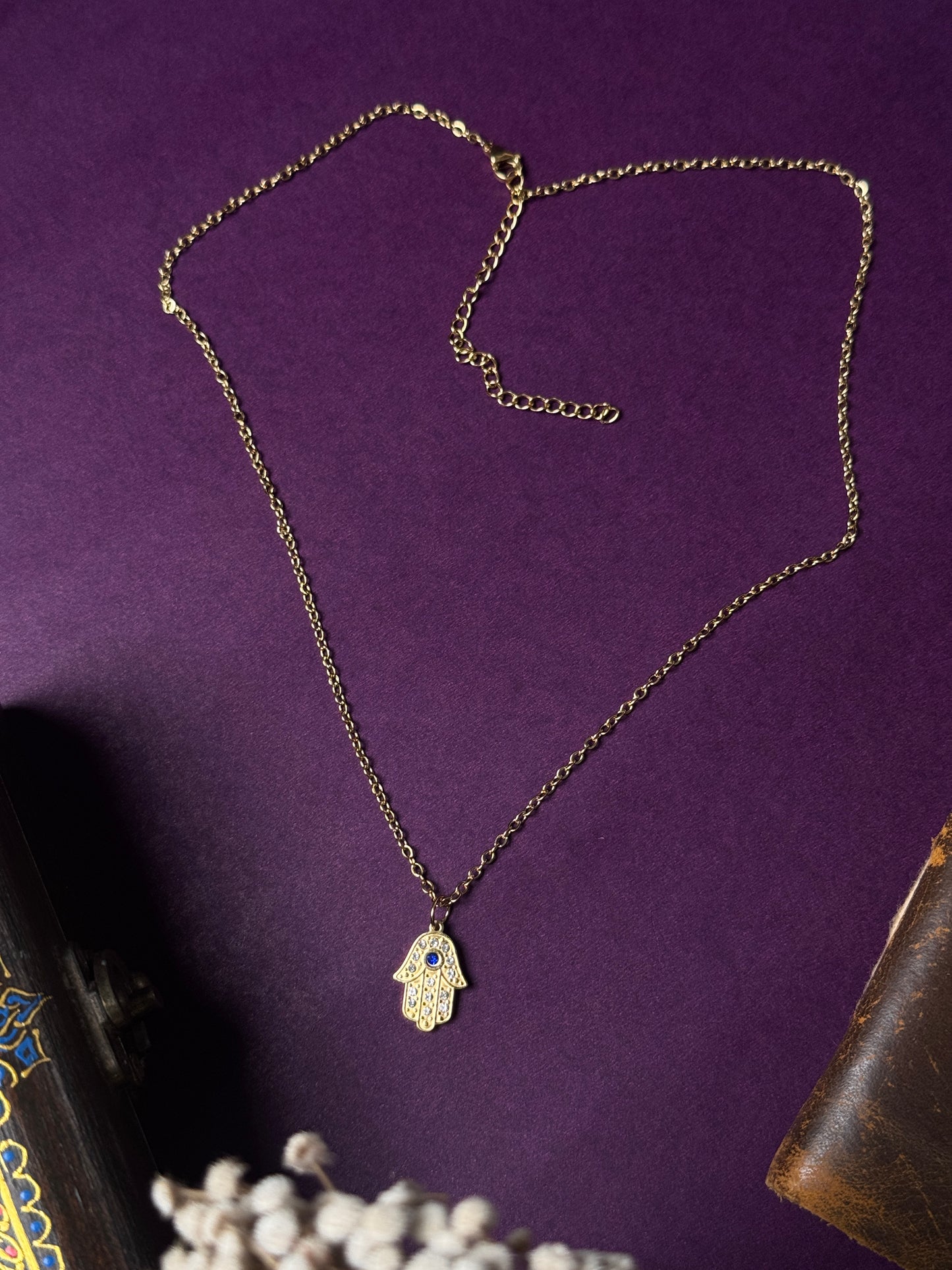 Hamsa hand 18k gold plated stainless steel necklace with white stone embedded