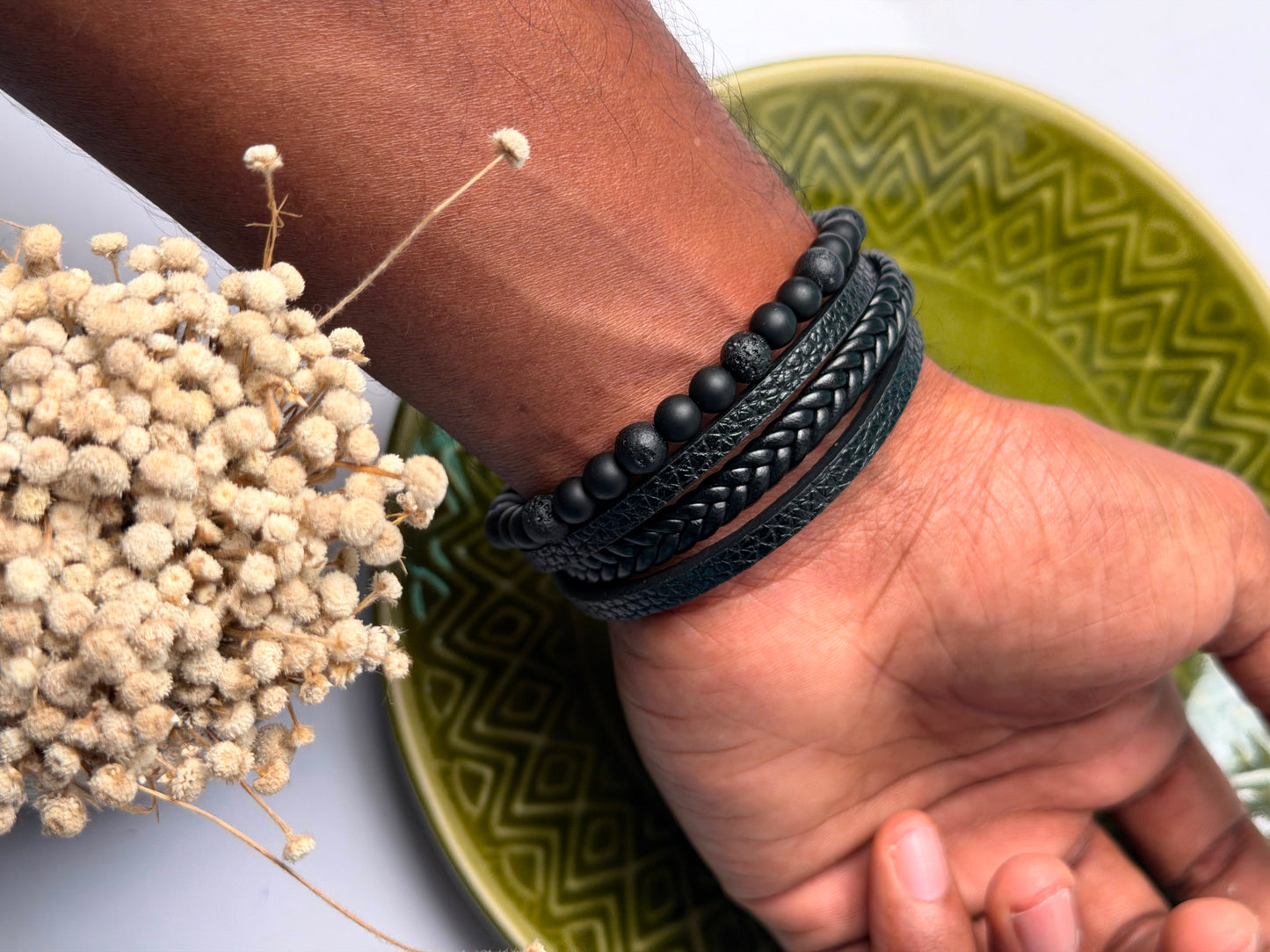 Lava stone  4 layer leather magnetic bracelet
