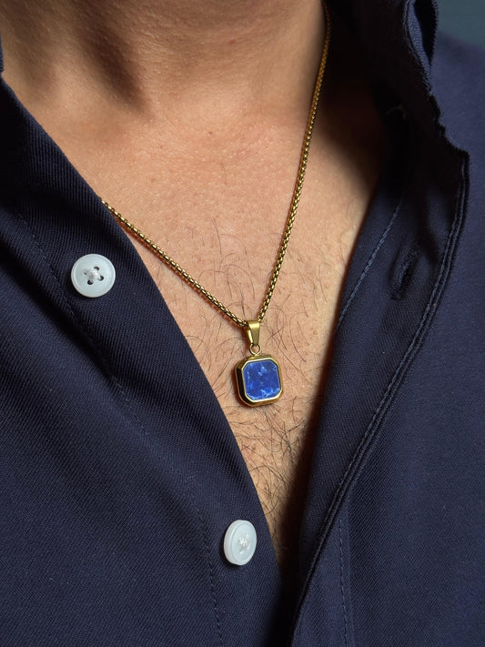 blue square pendant with gold stainless steel 55 cm chain
