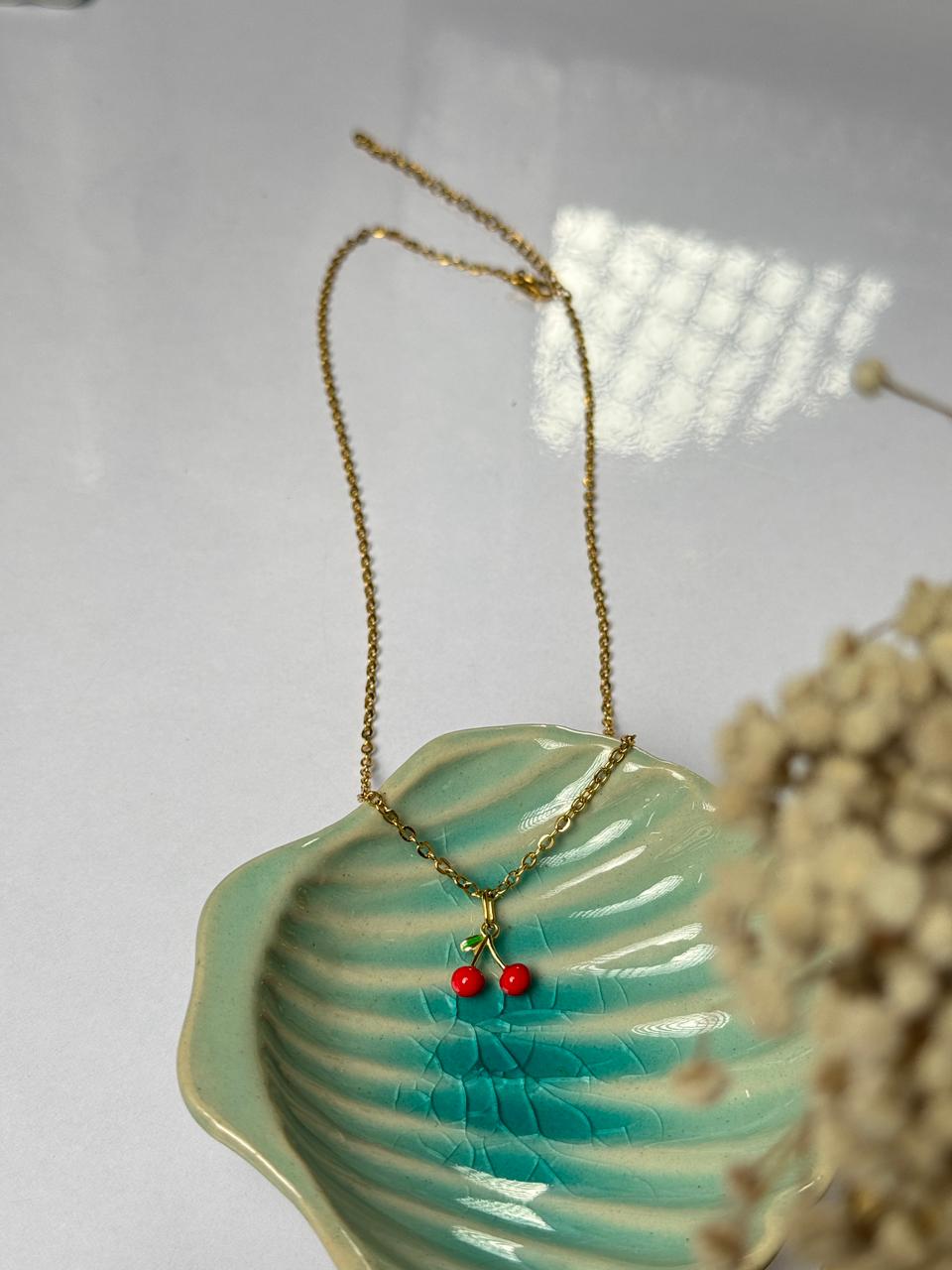 mini twin cherry stainless steel necklace