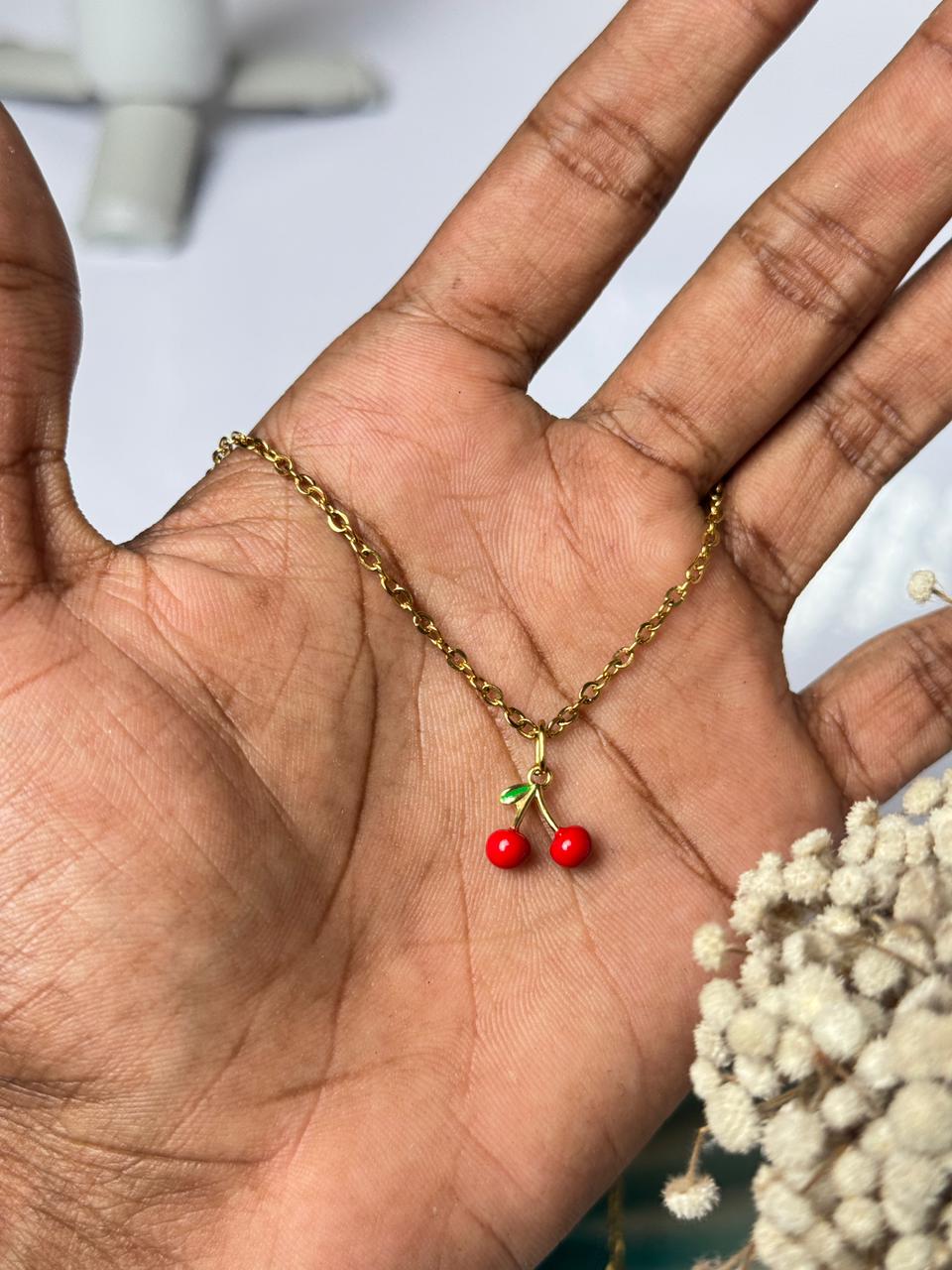 mini twin cherry stainless steel necklace