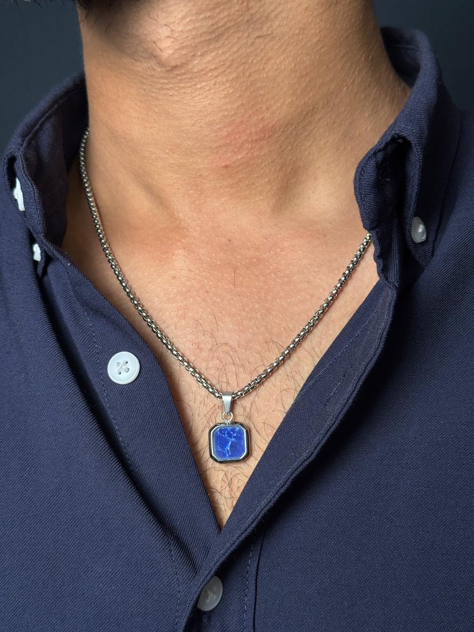 blue square silver stainless steel necklace 60 cm chain