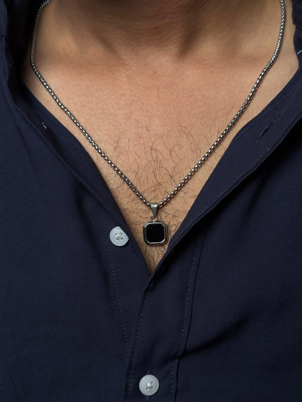 Black  square pendant with silver stainless steel 60 cm chain