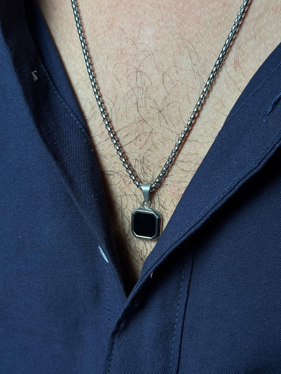 Black  square pendant with silver stainless steel 60 cm chain