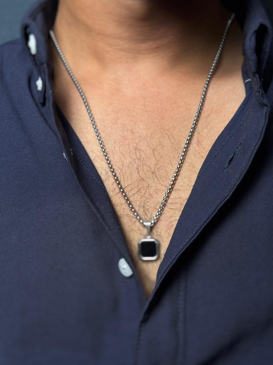 Black  square pendant with silver stainless steel 60 cm chain