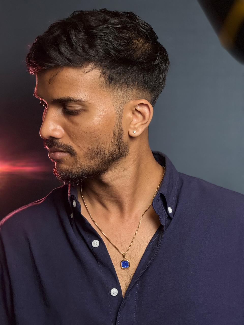 blue square pendant with gold stainless steel 55 cm chain