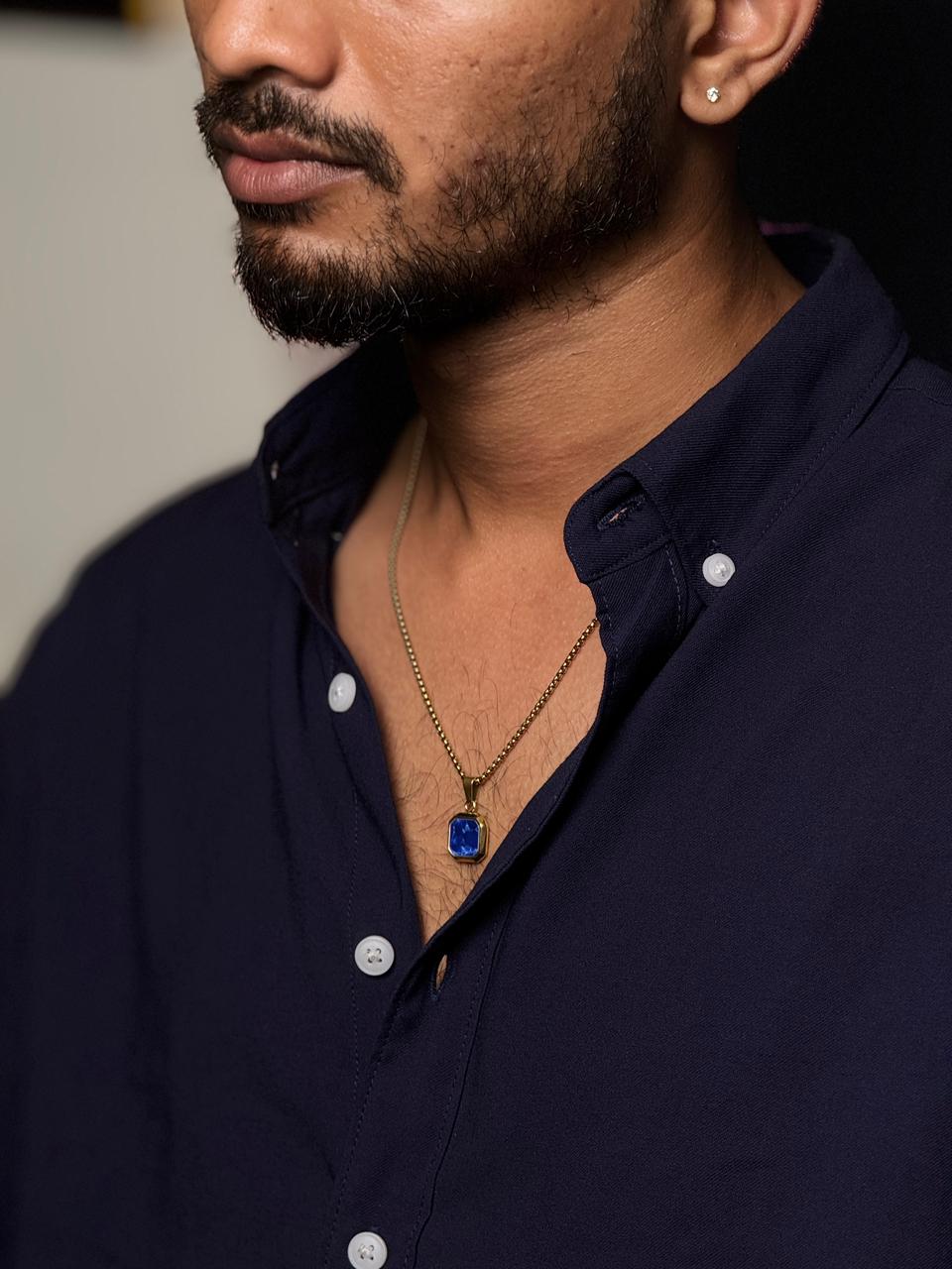 blue square pendant with gold stainless steel 55 cm chain