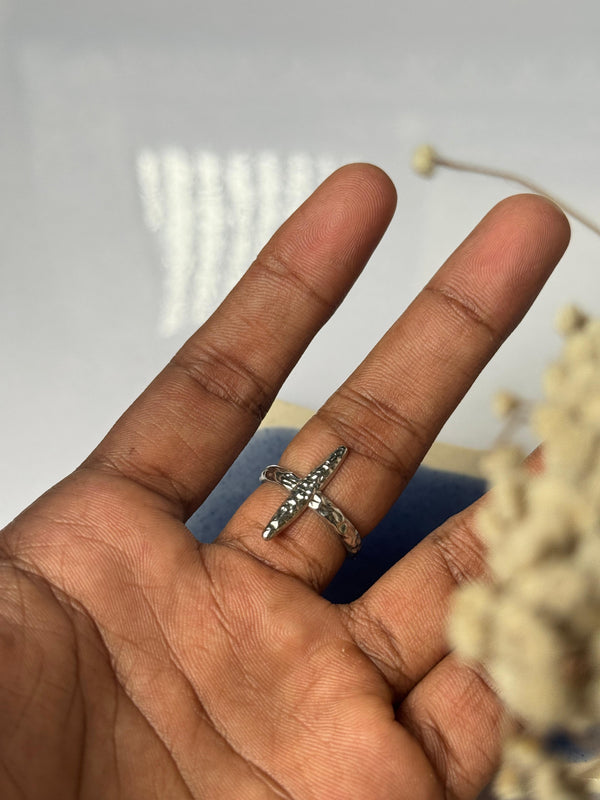X crossed stainless steel adjustable silver ring