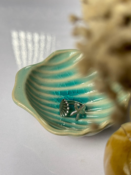 Starfish &shell stainless steel silver adjustable ring
