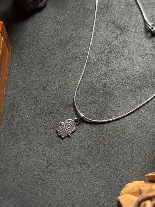Hamsa hand  small silver stainless steel silver necklace in 55 cm chain