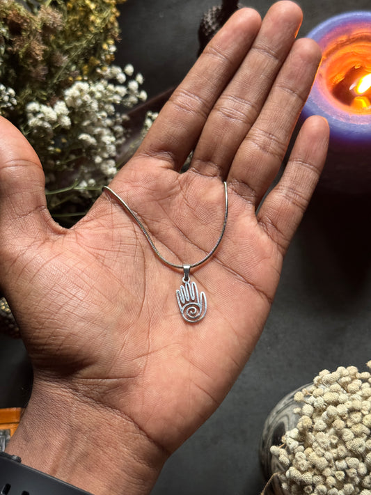 Spiral hamsa hand silver stainless steel necklace in 55 cm chain