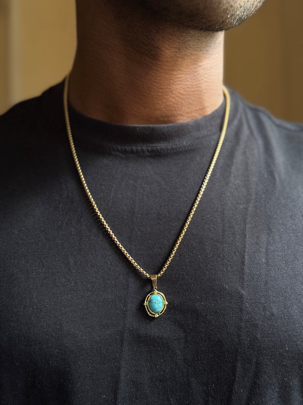 Turquoise oval shape thick 18k gold plated necklace 50 cm