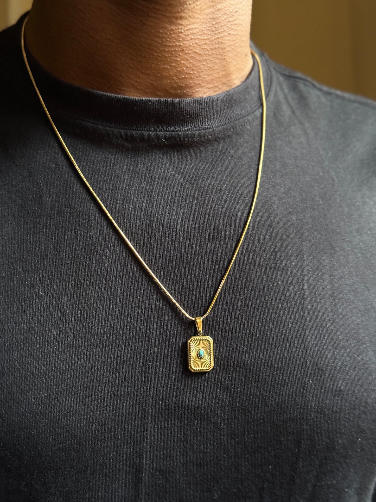 Turquoise stone in box shape 18k gold plated stainless steel necklace 55 cm