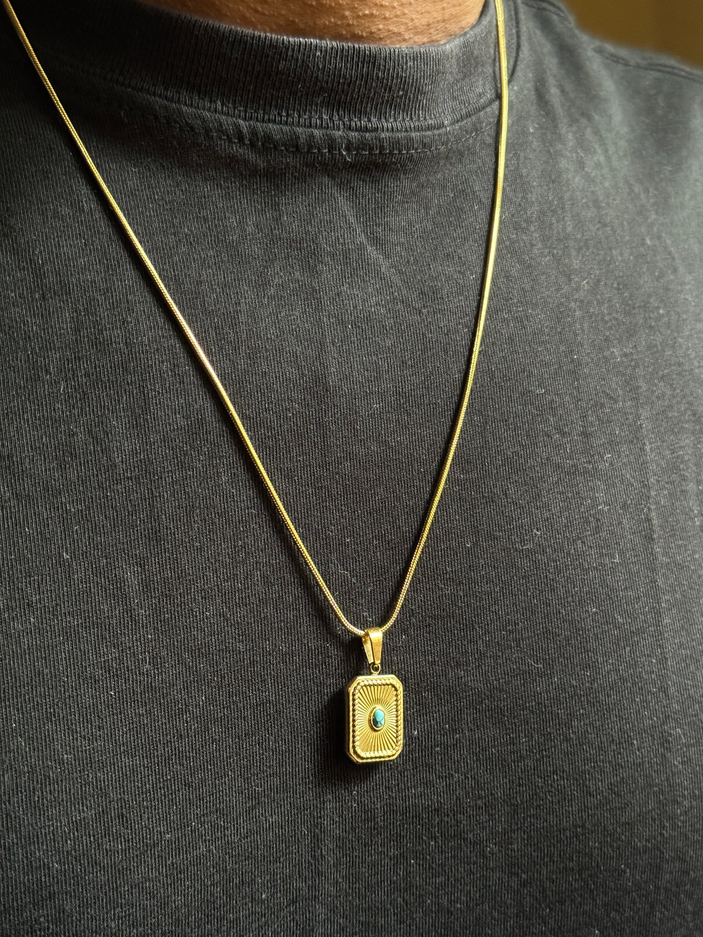 Turquoise stone in box shape 18k gold plated stainless steel necklace 55 cm