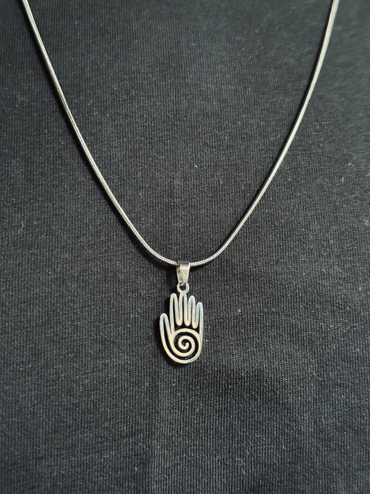 Spiral hamsa hand silver stainless steel necklace in 55 cm chain