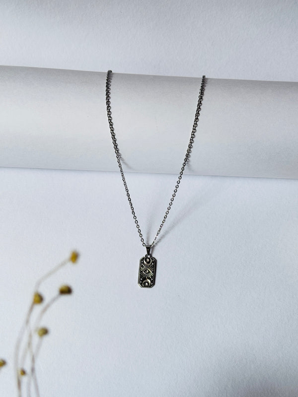 Sun moon rectangle stainless steel silver necklace