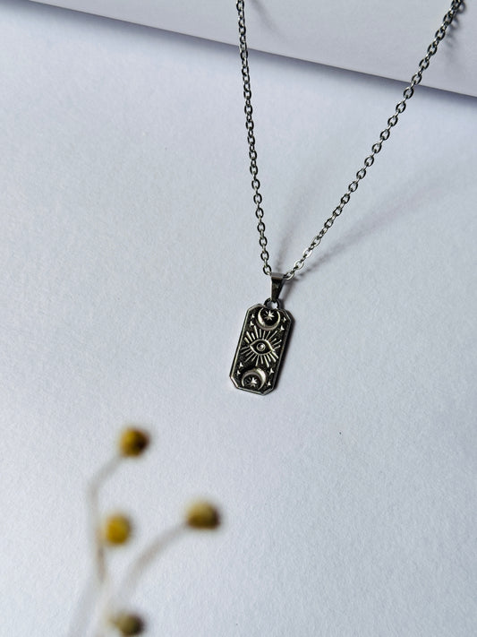 Sun moon rectangle stainless steel silver necklace